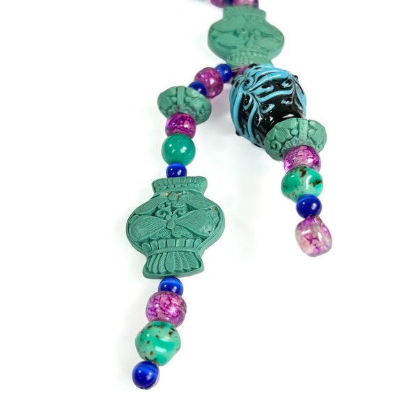 Blue Cinnabar Vase Bead Necklace w/ Blue Cats Eye Beads & Glass Lampwork Beads - Picture 3 of 12